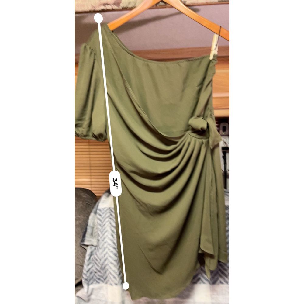 Kirundo Olive Green Off Shoulder Asymmetrical Mini Dress Large - Picture 9 of 9